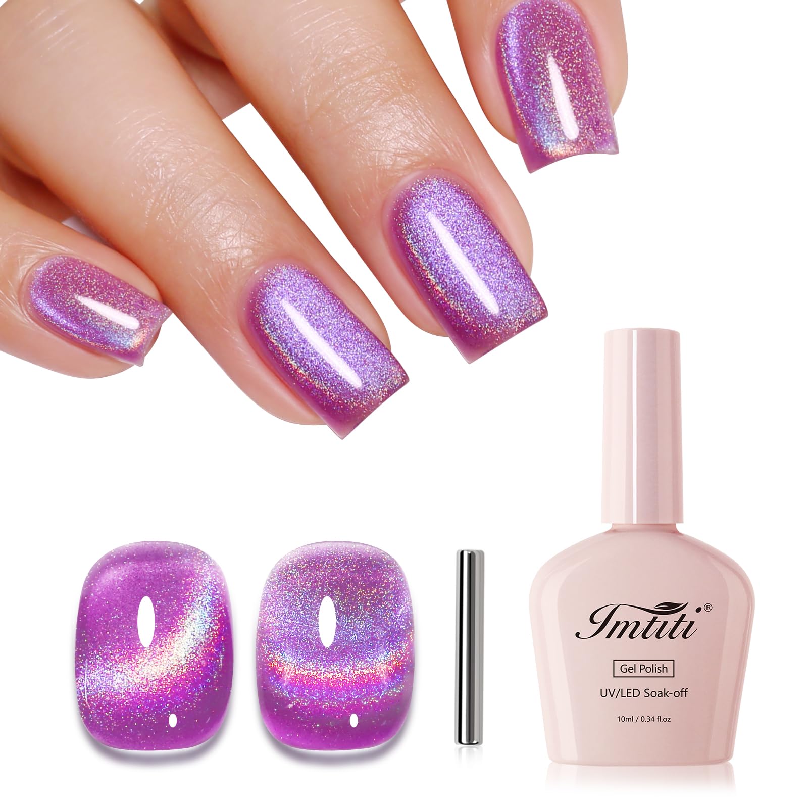 Imtiti Cat Eye Gel Nail Polish, Purple Rainbow Holographic Magnetic Gel Polish With Magnet Glittery Iridescent Galaxy Nail Gel Polish Spring Summer