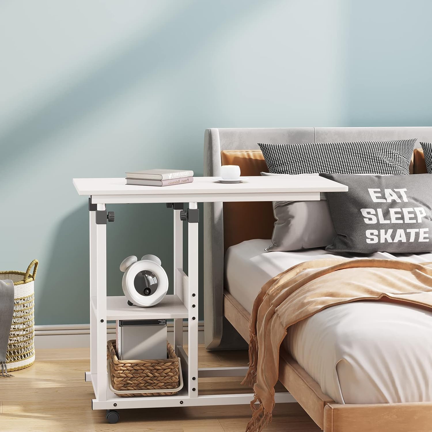 Dripex C-Shaped Adjustable Mobile Side Table positioned next to a bed