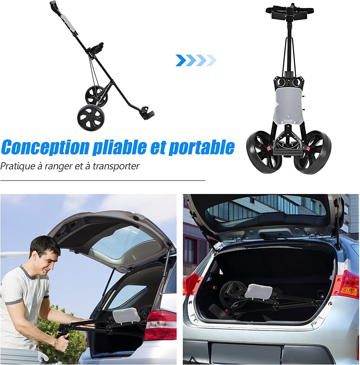 GYMAX Chariot de Golf à 2 Roues, Voiturette Golf Pliable avec Tableau de Score, Chariot de Golf Manuel avec Cadre en Acier Stable et Robuste, 97,5 x 68 x 111 cm