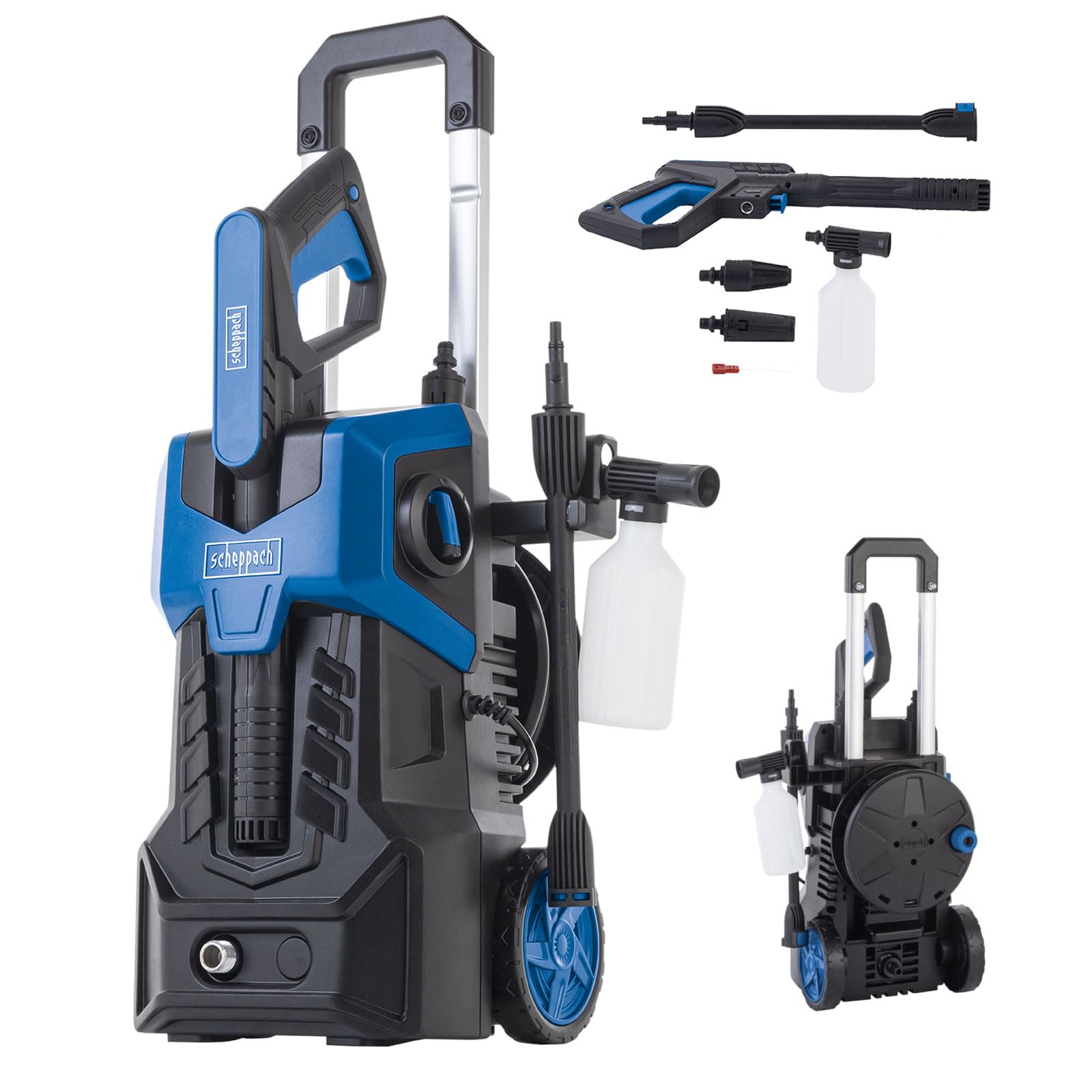 Scheppach Idropulitrice SHD150 con accessori, sistema Quick Connect e | portata 420 l/h, lunghezza tubo/cavo 5 m, sistema Quick Connect e funzione di aspirazione, manico estensibile