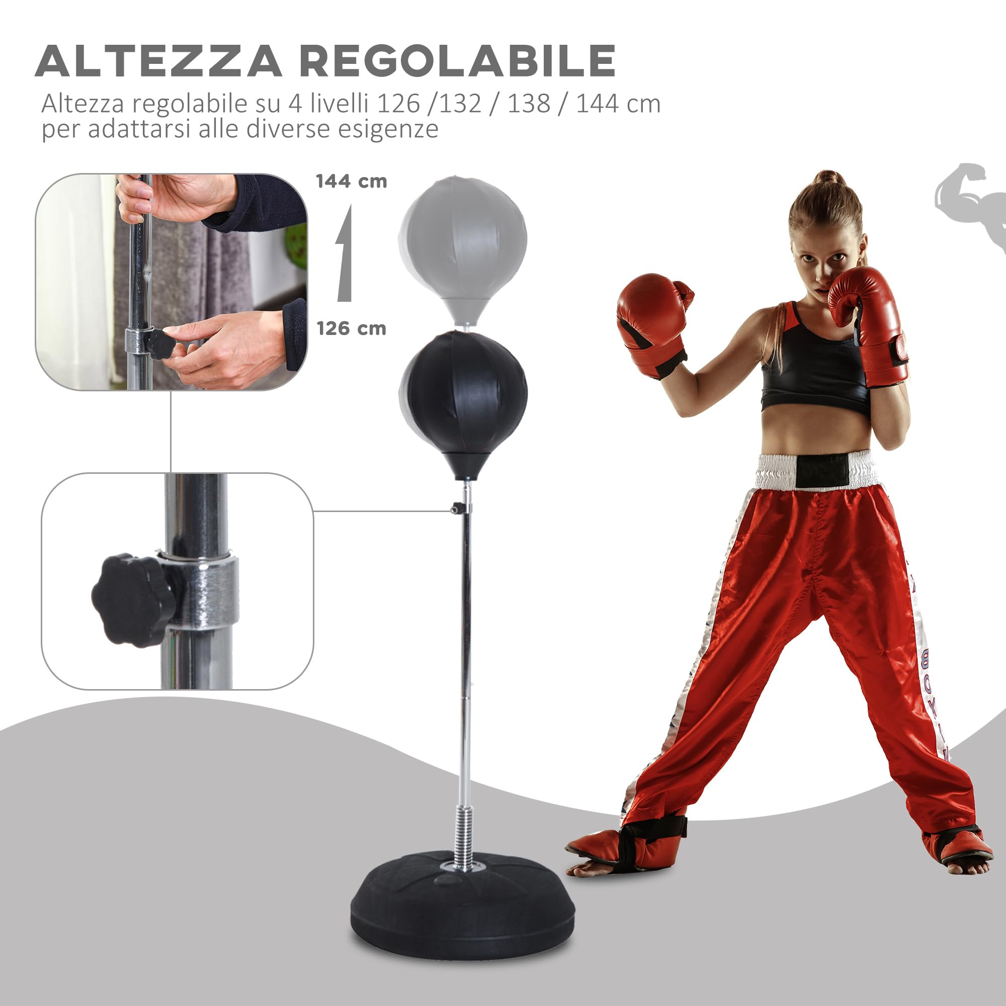 HOMCOM Punching Ball da Terra per Adulti, Sacco da Boxe da Terra con Base Riempibile, Pompa ad Aria e Guantoni, Altezza Regolabile da 126-144 cm, Speed Bag per Home Gym Casa e Palestra, Nero