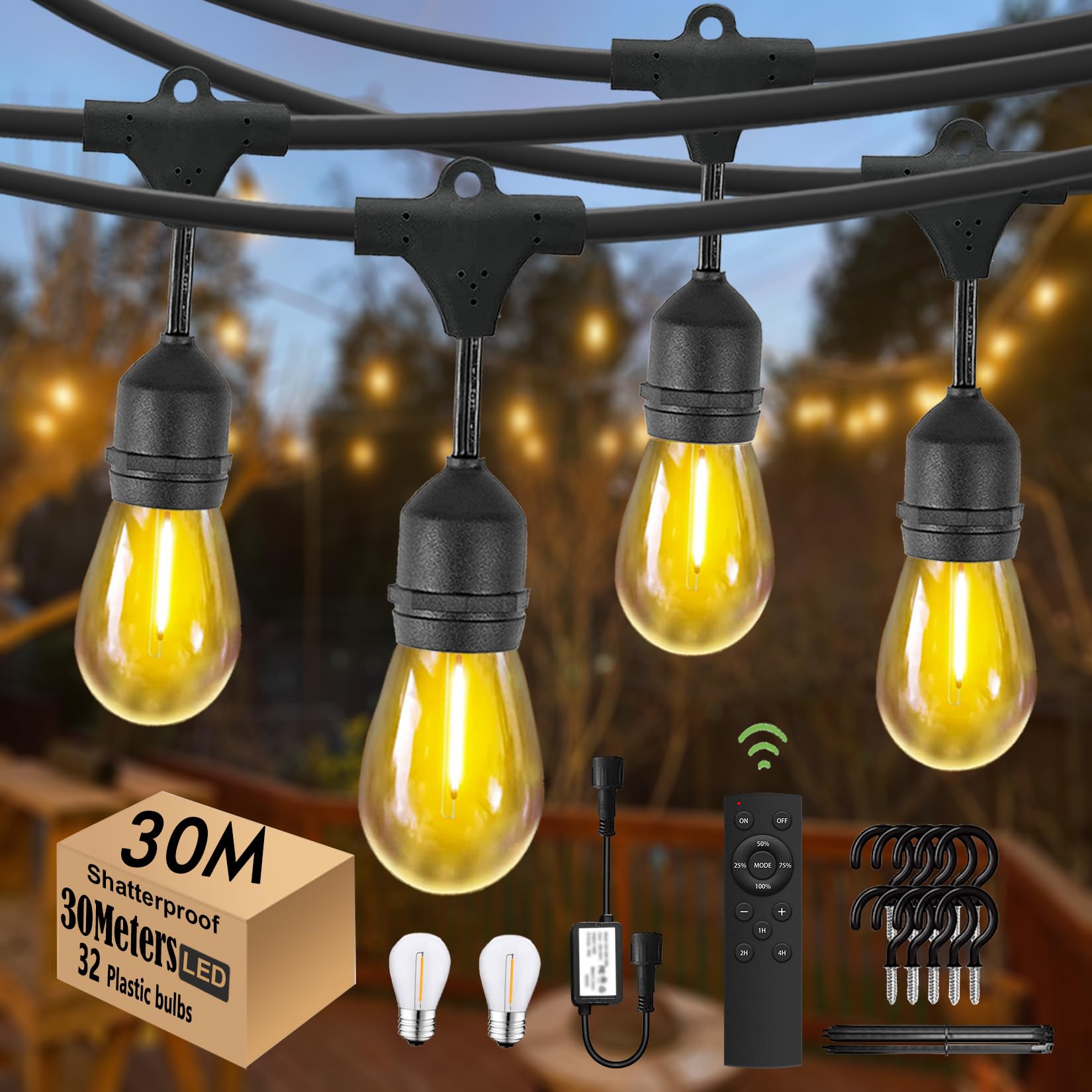 30M Festoon Lights Outdoor with Remote,Dimming&Timing&3 Light Modes,Outdoor String Lights Waterproof with 7.9M Extension Cable,30+2 led S14 2700K Bulbs for Pergola Garden Backyard Fence, Linkable — image 1