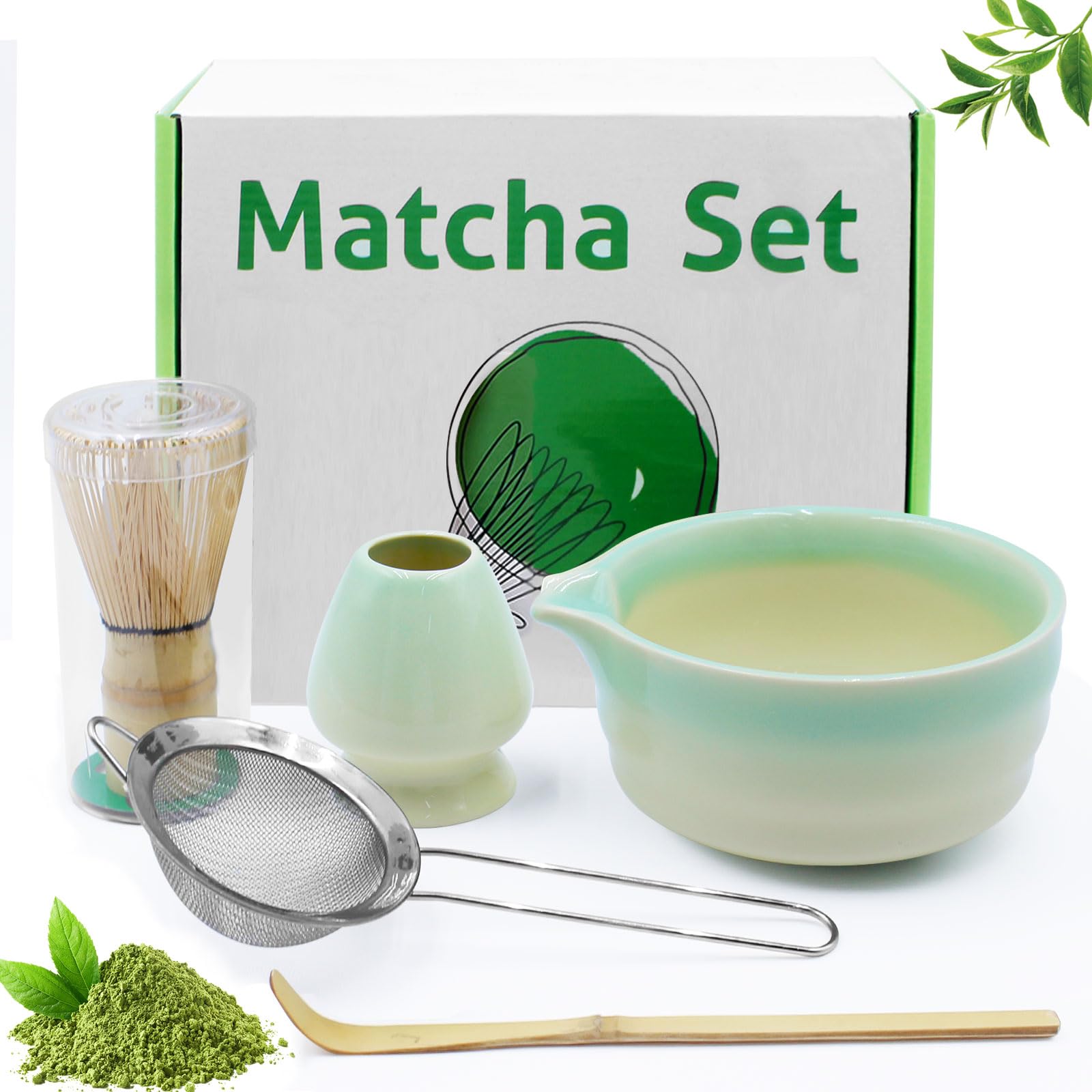 5 piezas cuenco de cerámica matcha, cuenco matcha, batidor matcha, espátula y escobillero matcha,Colador para la ceremonia del té.Gradiente de color