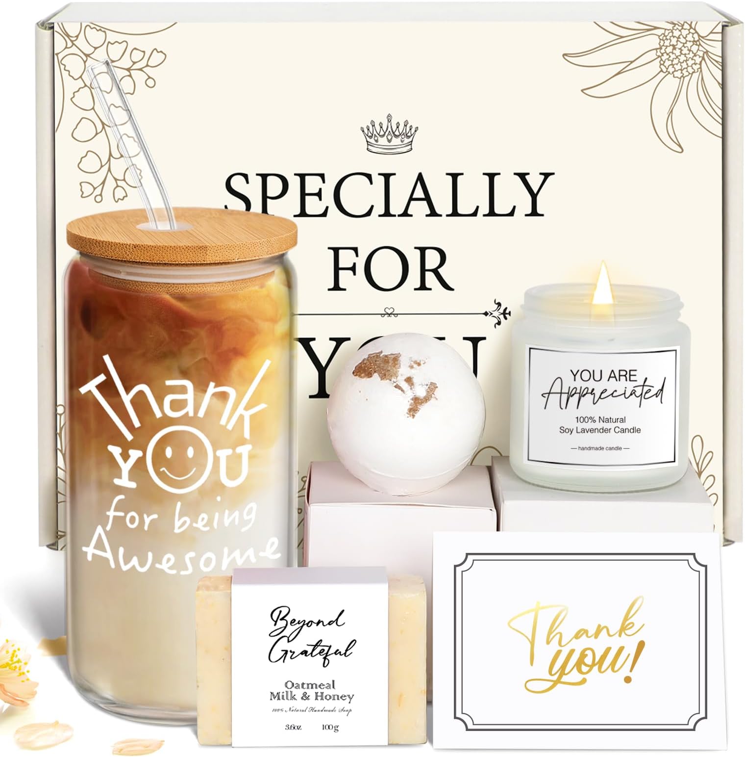iAOVUEBY Thank You Gifts for Women, Employee & Teacher Appreciation Gift Set for Coworker Boss Mentor Secretary, Thank You Gift Box with Being Awesome Glass Candle Card