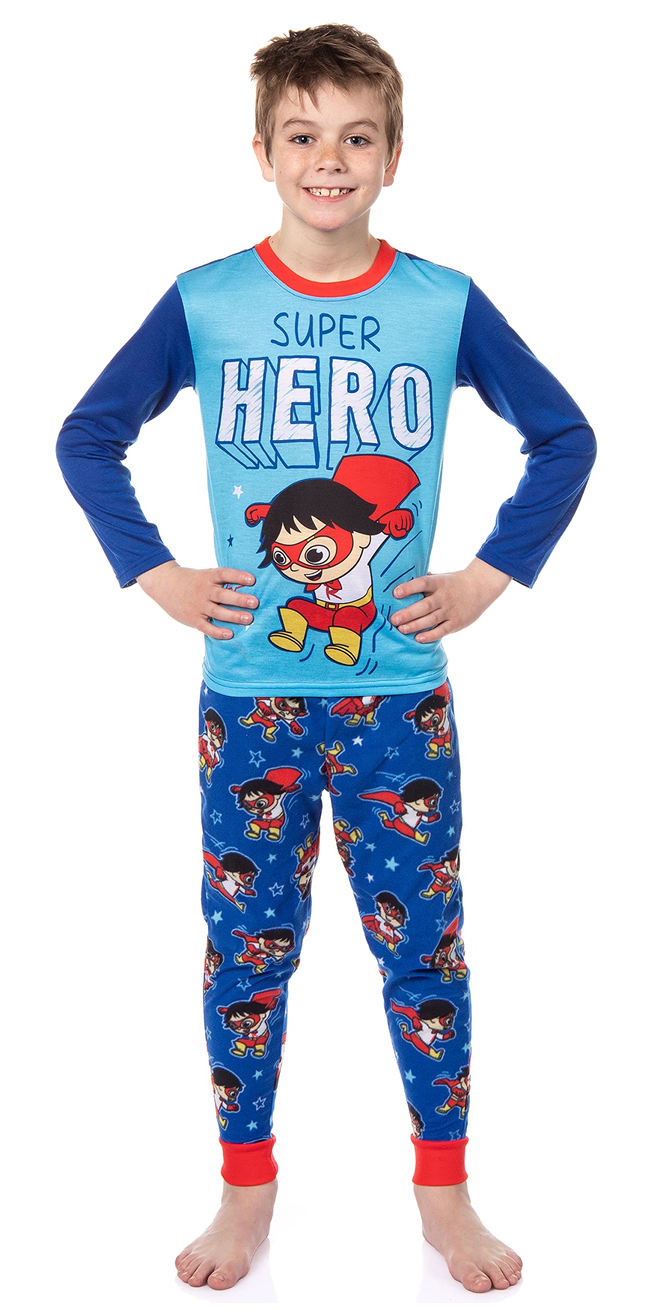 Komar Kids Ryan's World Boys' Super Hero Long Sleeve Shirt Plush Pants Pajama Set