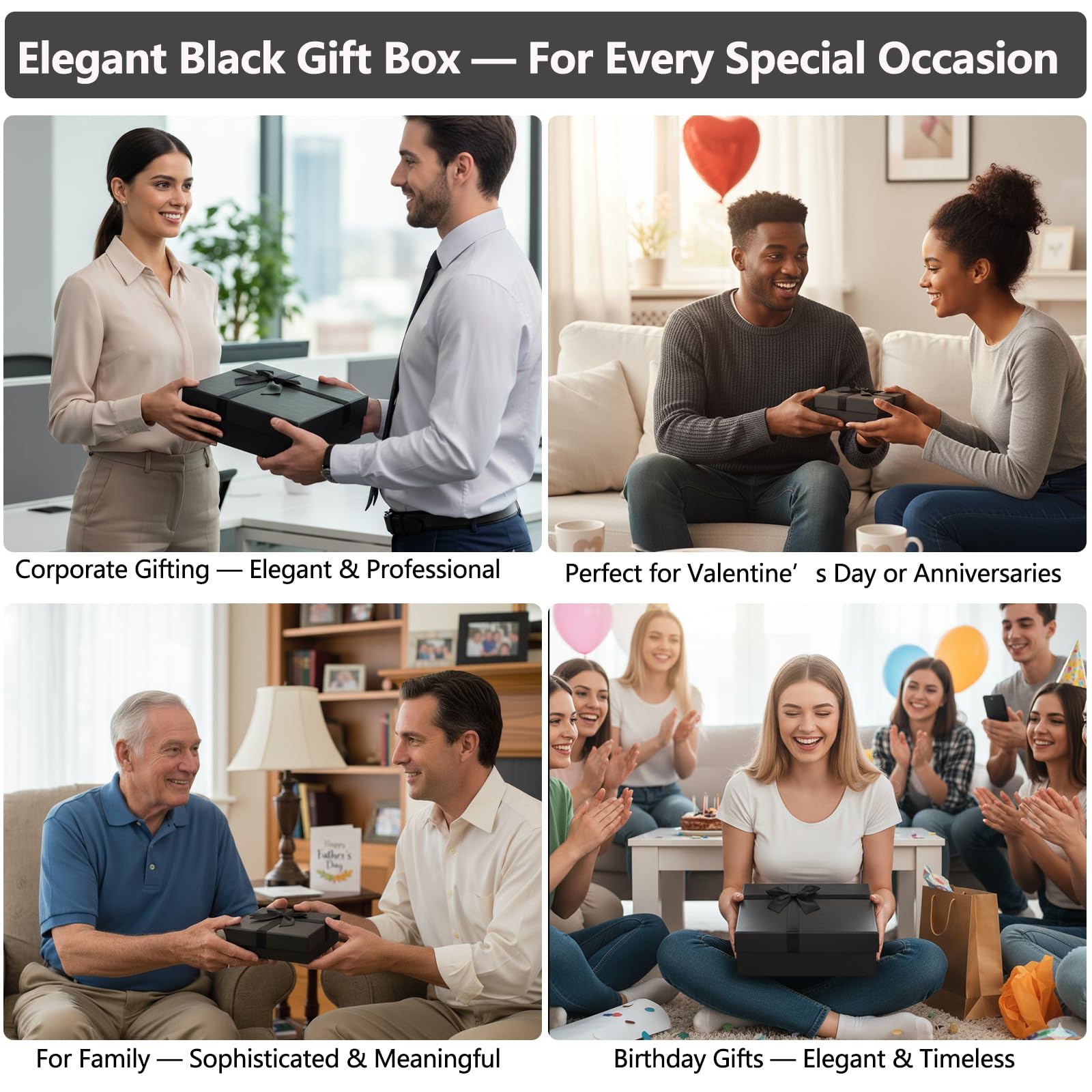 Geschenkbox für Geschenke, ein Set mit 4 eleganten schwarzen Geschenkboxen, luxuriöse Geschenkbox für Geburtstage, Jubiläen, Weihnachten usw. (Schwarz)