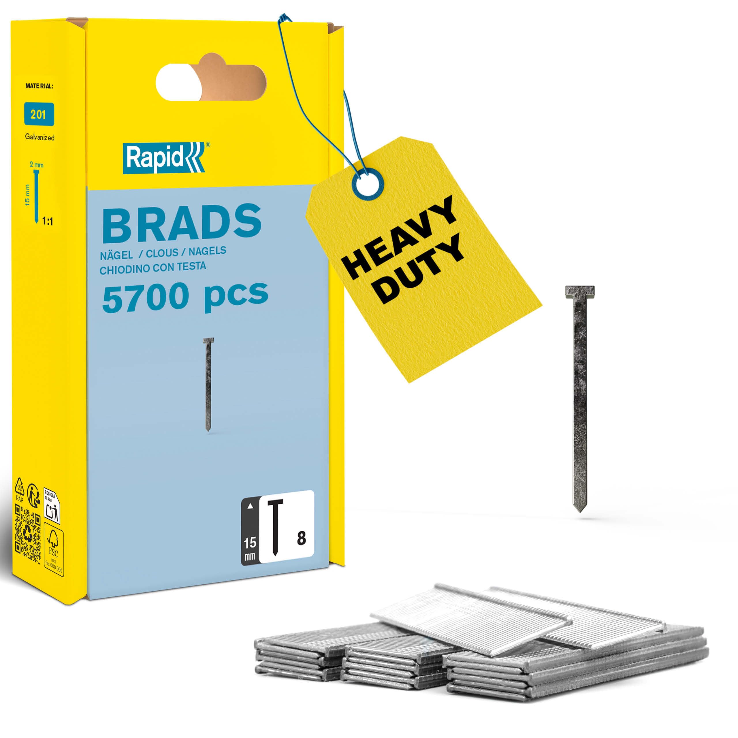 Rapid High Performance No.8 Galvanised Steel Brad Nails, Wire Length: 40 mm, 5000185 - 2800 Pieces