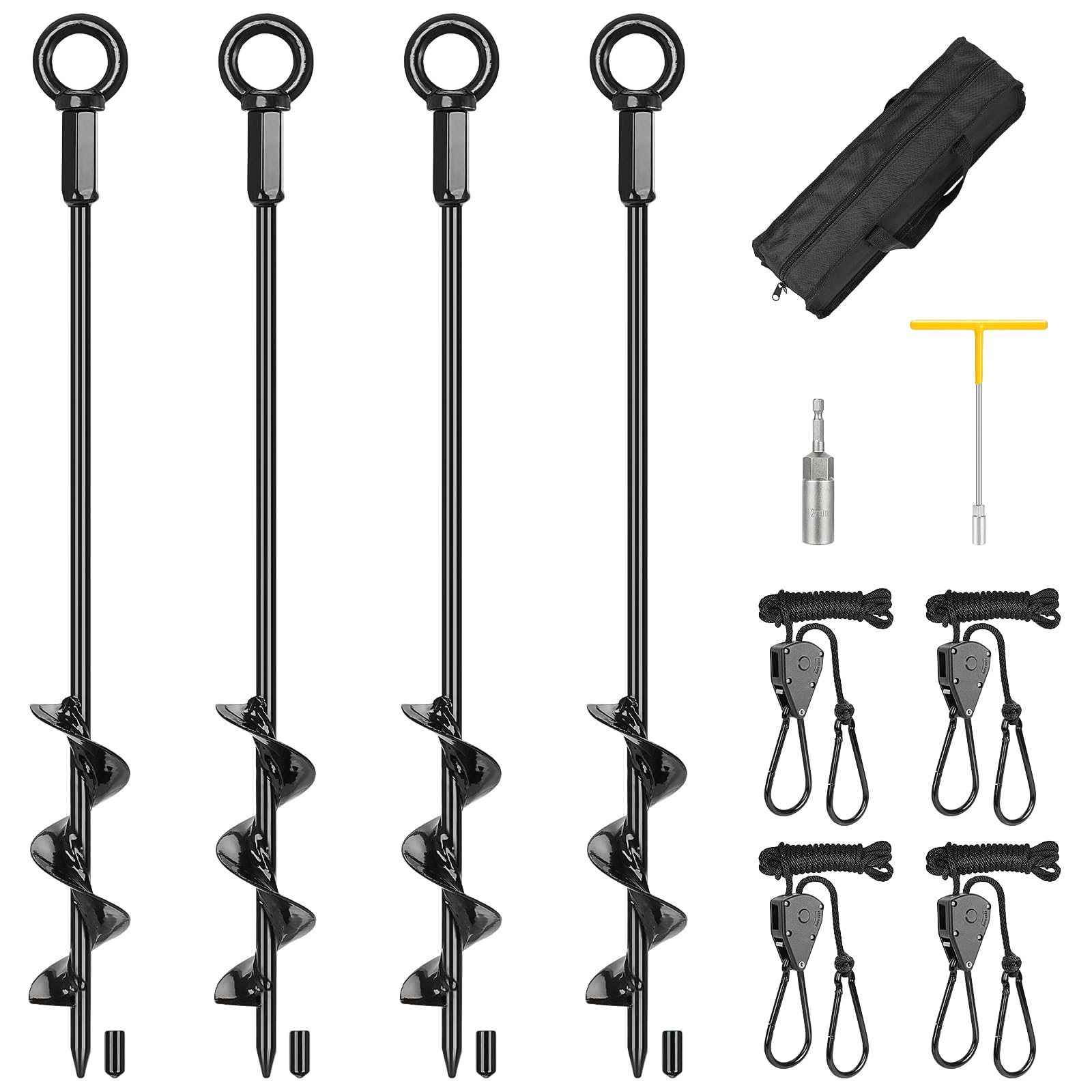 hannger Tent Stakes Anchors 16-in 4 Pack, RV Awning Tie Down Kit for Wind-Proof with Retractable Ratchet Straps, Camping Stakes Heavy Duty for Tents,