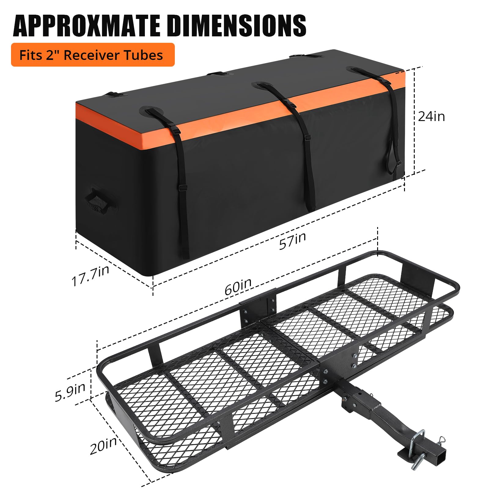 Garvee Élevé capacité 90kg – Porte-Bagages Plateforme attelage Acier pliable152x51x15 cm, Sac étanche 425L, Filet, Sangles, stabilisateur – pour SUV, camionnette, remorque – Couleur Noir