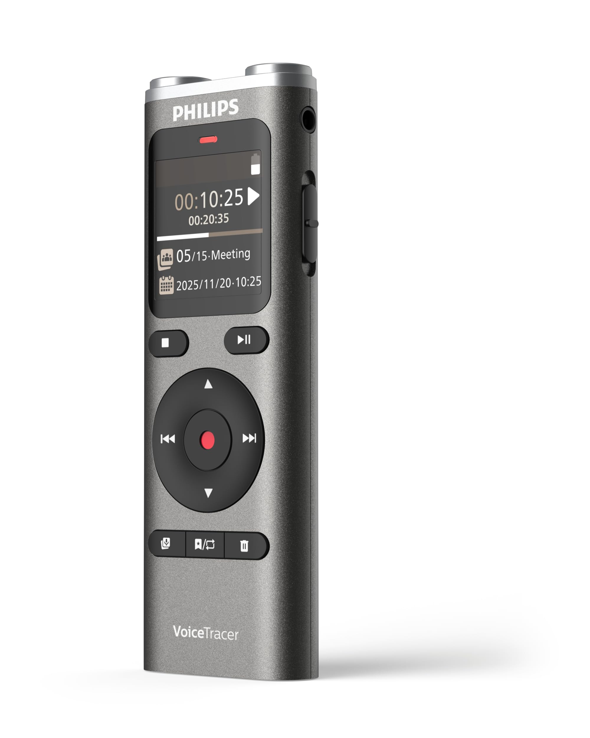 Philips DVT2075 VoiceTracer, Audio Recorder, 8GB, MP3, stereo, oplaadbare Li -polymeer batterij. Sembly AI voor spraakherkenning met meerdere luidsprekers, samenvattingen, notulen en takenlijsten