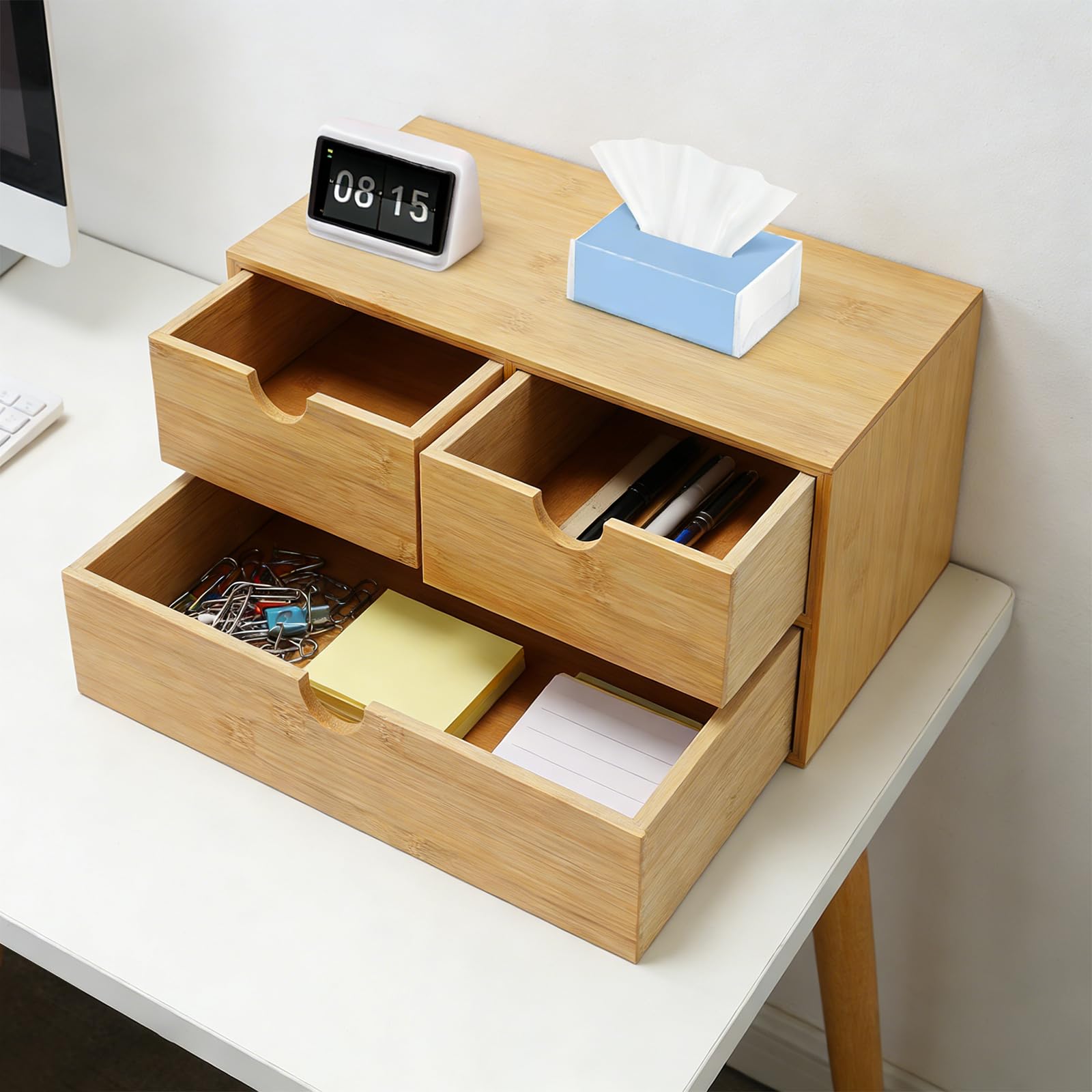 3 cassetti Organizzatore da scrivania in bambù, documenti forniture | bambù naturale, 3 cassetti (2 alti + 1 inferiore), scomparti A4, 33 x 19 x 16 cm, pronto all'uso, per ufficio e casa