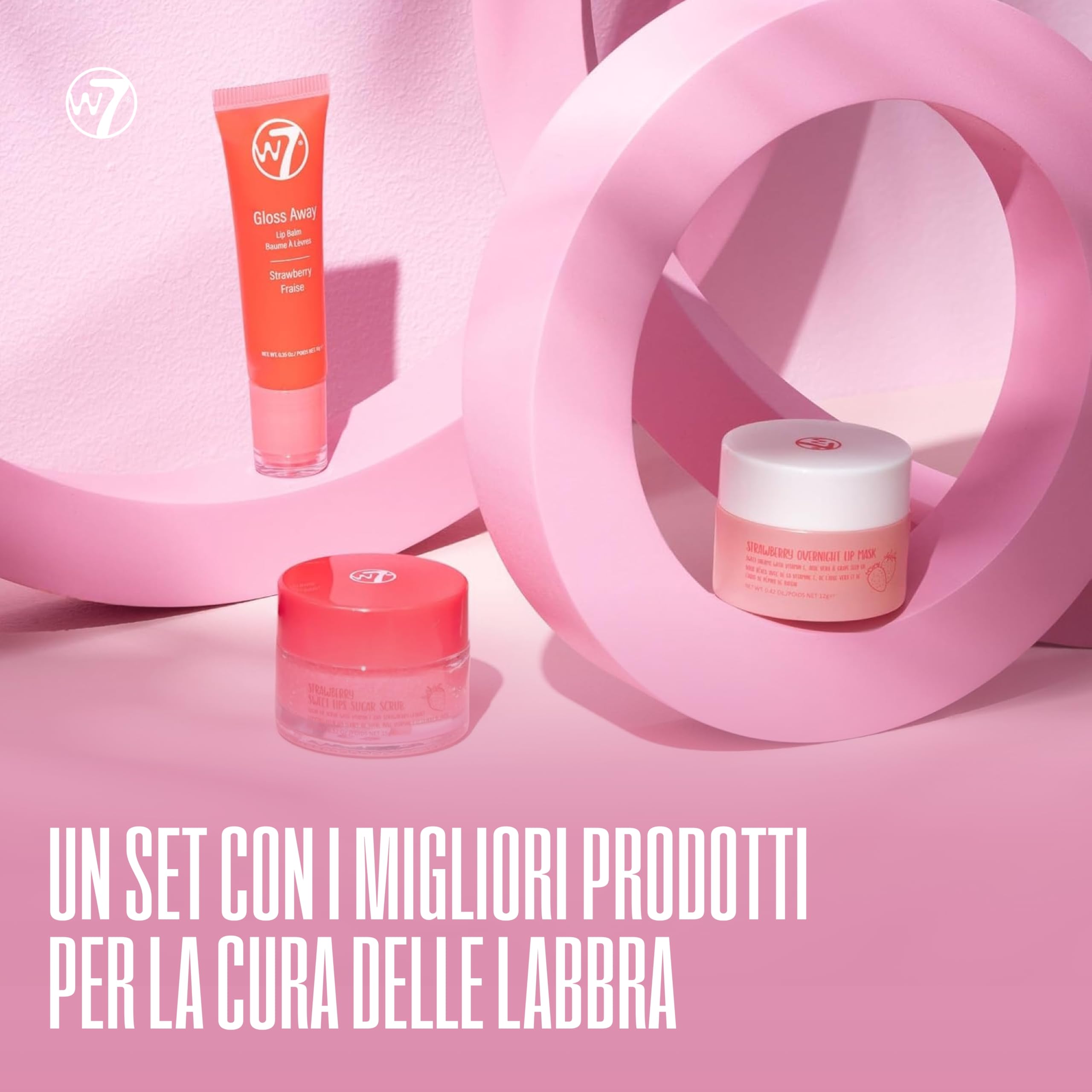 W7 Trio per la cura delle labbra Sweet Dreams - Set da 3 pezzi - Maschera notte, burrocacao e scrub labbra - Fragola