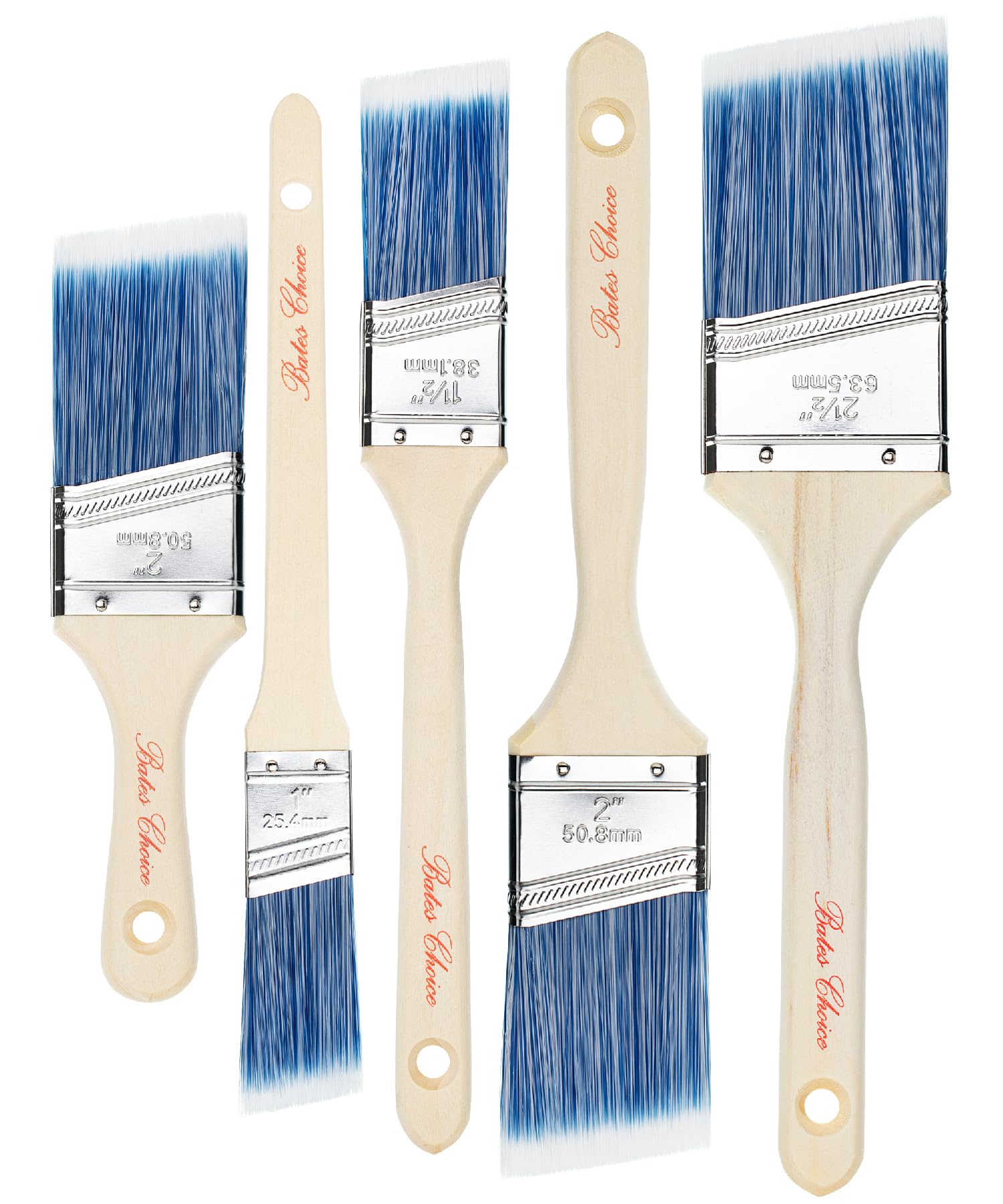 Bates Paint Brush Set - 5 Angled Brushes, 1", "1.5", "2", "2.5" - Treated Wood Handles for Walls, Stain & Furniture