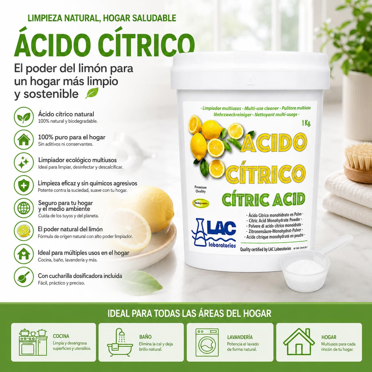 Ácido Cítrico anhidro natural 100% puro 1 kg laboratorios LAC
