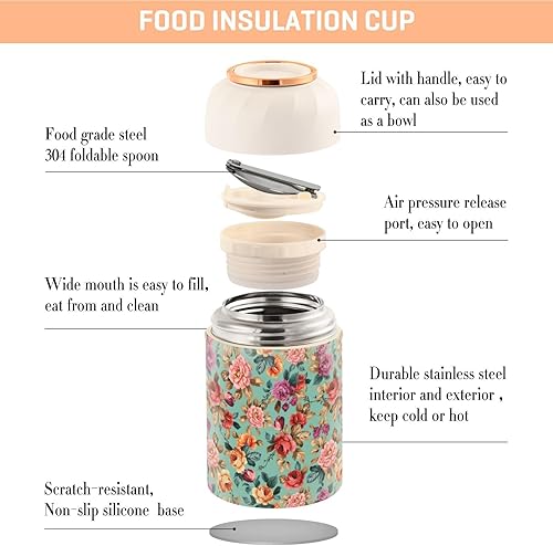 Miniatura 4 de MCHIVER Colorful Flowers Leaves Food Jar with Spoon Stainless Steel Vacuum Insulated Food Container 17 oz Soup Thermos for Lunch
