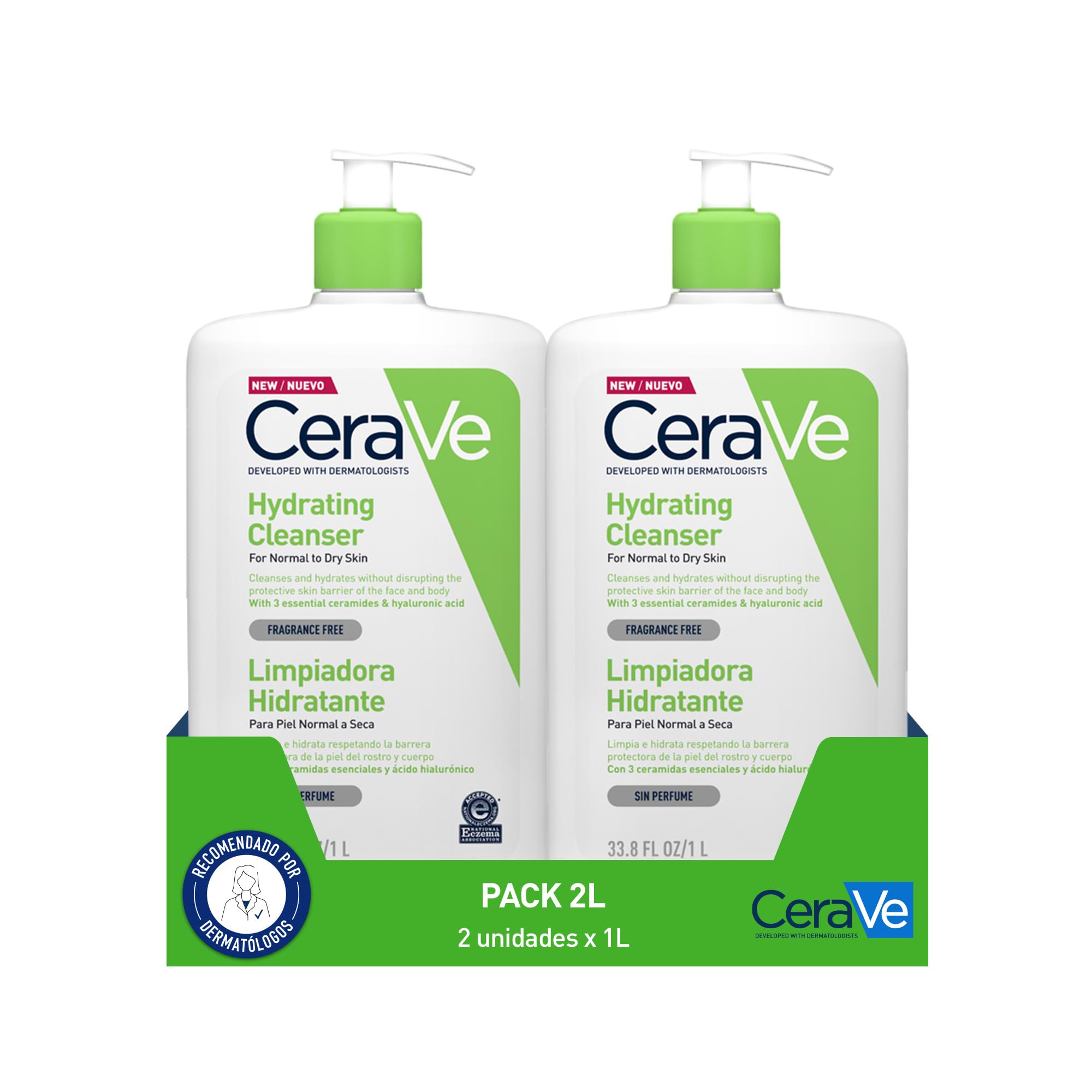 CeraVe Gel Limpiador Hidratante, Para Piel Normal a Seca, Limpia e Hidrata, Equilibrio de la Piel, Enriquecido Con Ceramidas Esenciales y Ácido Hialurónico, Apto para Rostro y Cuerpo, 2x 1 litro