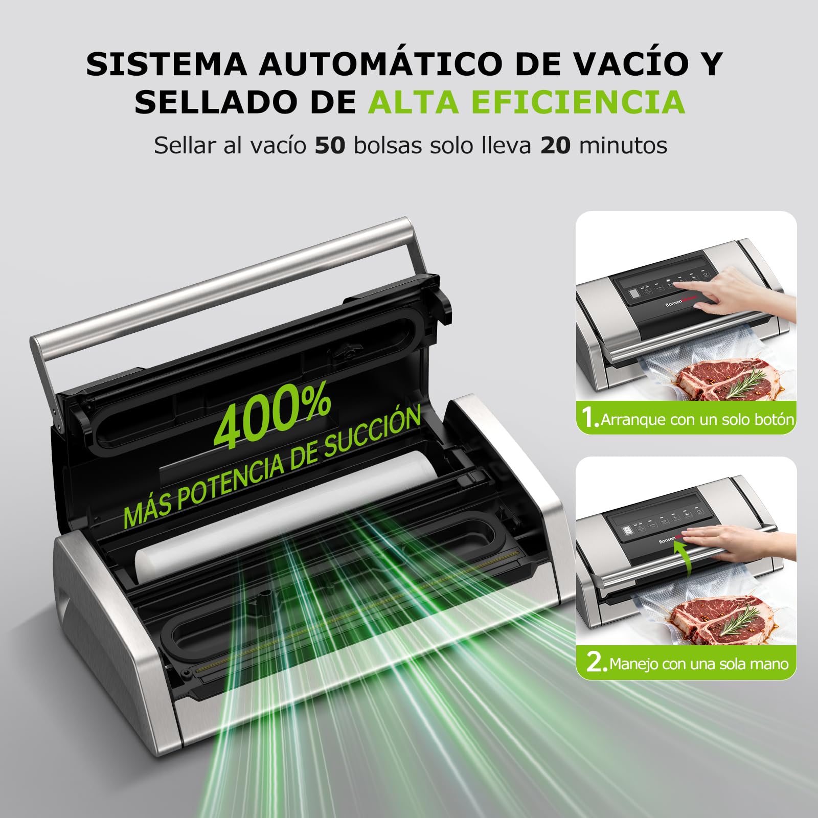 Bonsenkitchen Envasadora al Vacío, 15 L/min, con Clip Para Bolsas, Bloqueo de Asa y Cortador Integrado, Para Cocinar al Vacío y Preparar Alimentos, Sellado Rápido de Alto Rendimiento-VS5100