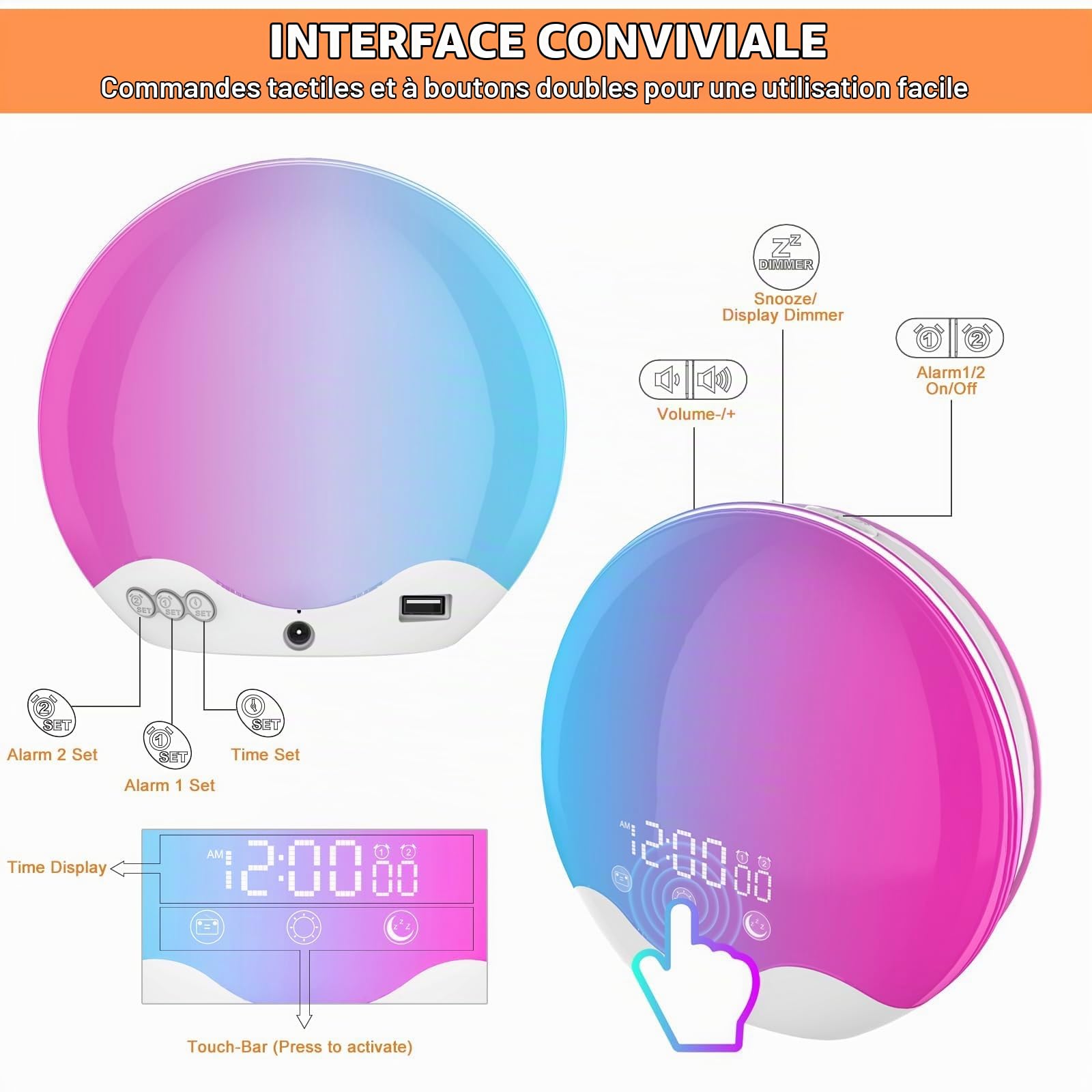Réveil lumineux à lumière du jour, simulation de lever et coucher de soleil, radio FM, 5 sons de la nature, 2 alarmes, snooze, 12 couleurs de lumière, 20 niveaux de luminosité, lampe de