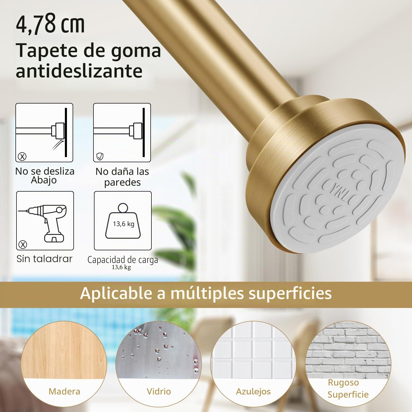 YNL Barra de cortina de ducha de 34 a 82 pulgadas con 12 anillos de cortina de ducha, barra de ducha dorada ajustable sin taladrar, antideslizante, nunca se oxida, acero inoxidable, adecuada para