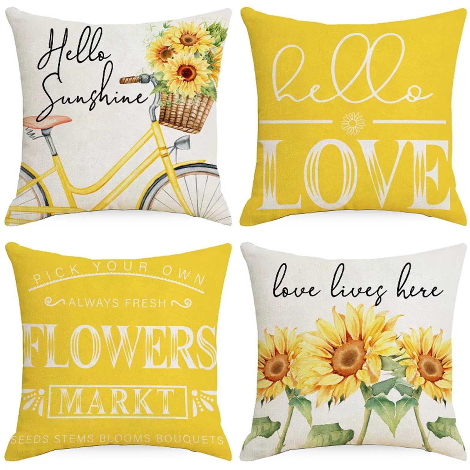 Juego de 4 Funda Cojin 60x60cm Fundas Cojines Sofa Amarillo Doble Cara Suave Cojines Exterior Impermeable Flor Cuadrado Funda de Almohada para Sofá Coche Cama Sillas Cojines Decorativos S-8897