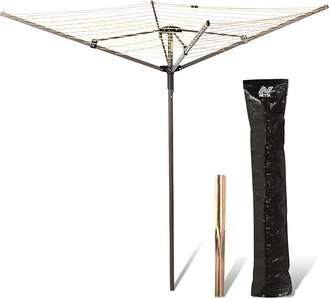 NETTA Rotary Washing Line 4 Arm 45M Yellow, Cover And Ground Spike Included, Easy to Open and Close - Laundry Airer, Clothes Dryer, Garden Washing Line