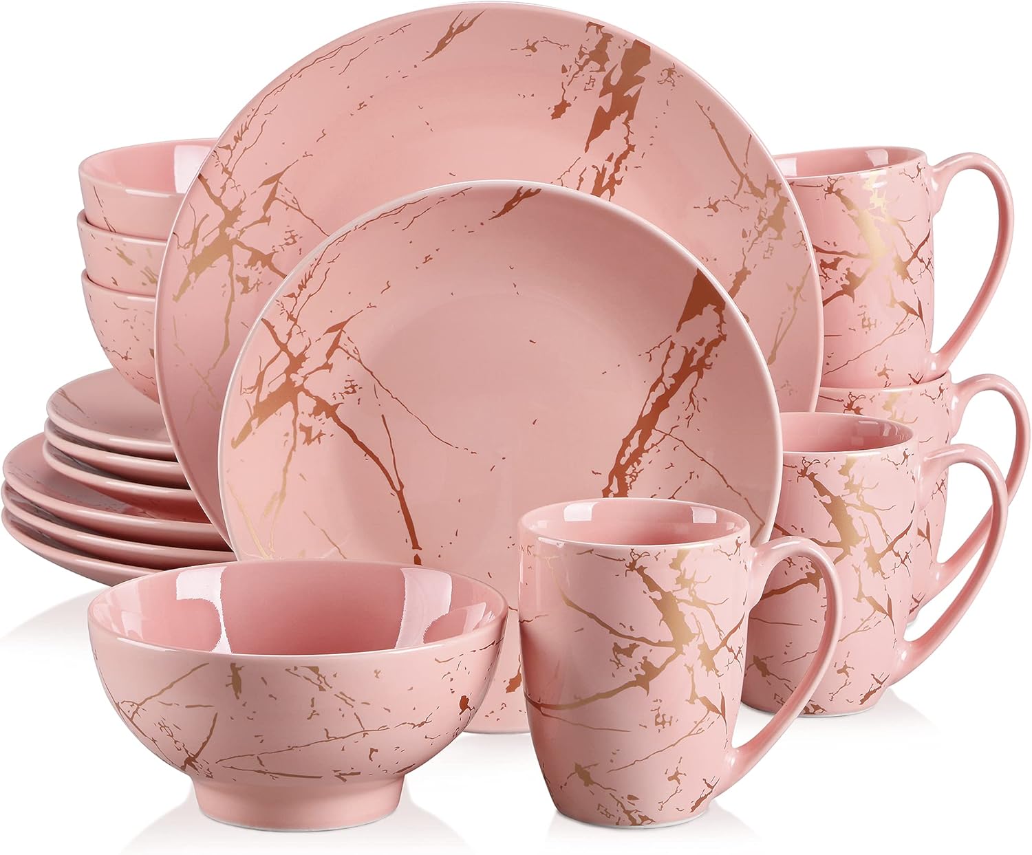 LOVECASA Serie Sweet Vajilla de Porcelana de Lujo, Juego de Vajilla de Conjunto de Oro Inlay para 4 Personas, Con 4 Cuencos, 4 Tazas, 4 Platos de Postre y 4 Platos de Cena Rosado