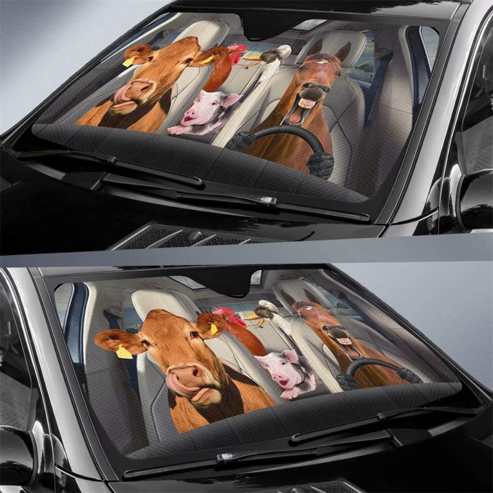 Farm Animal Family Car Windshield Sunshade,Cow Horse Foldable Sun Visor,Rooster Hen Car Sunshield Pig Auto Sun Shade,Protectors Vehicle Interior UV Rays Fit Most CarUV,Truck,57x27.5 in(Pack of 1)