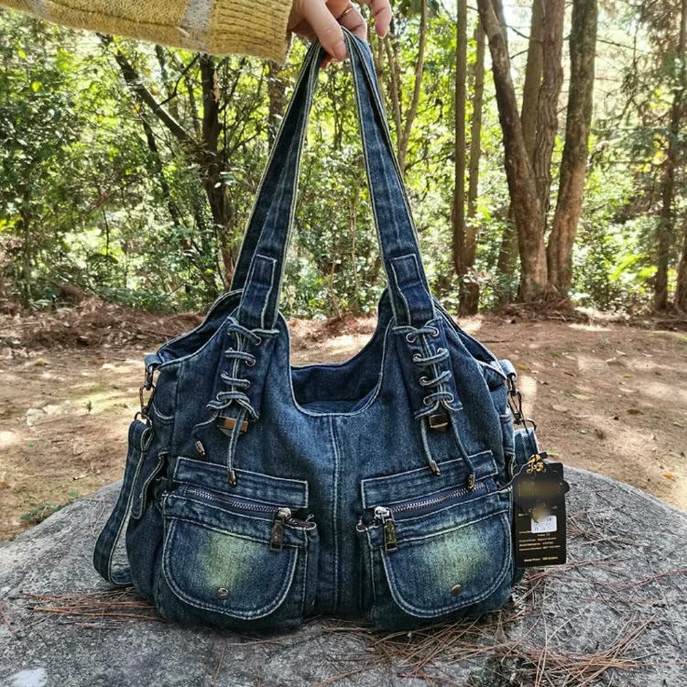 GLDFW - Borsa da donna in denim, stile vintage, blu, con tracolla, grande capacità