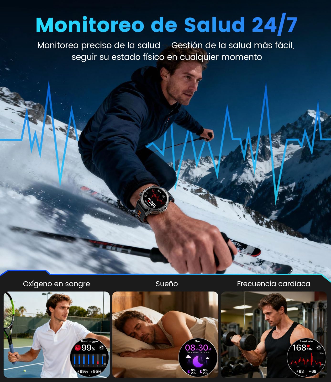 Reloj Inteligente Hombre Militar LED Linterna/1000mAh Batería/3 Correas, 1.53"Smartwatch Hombre con Llamadas, 120+ Modos Deportivos, 5ATM Impermeable Pulsómetro Podómetro Android iOS Negro Acero