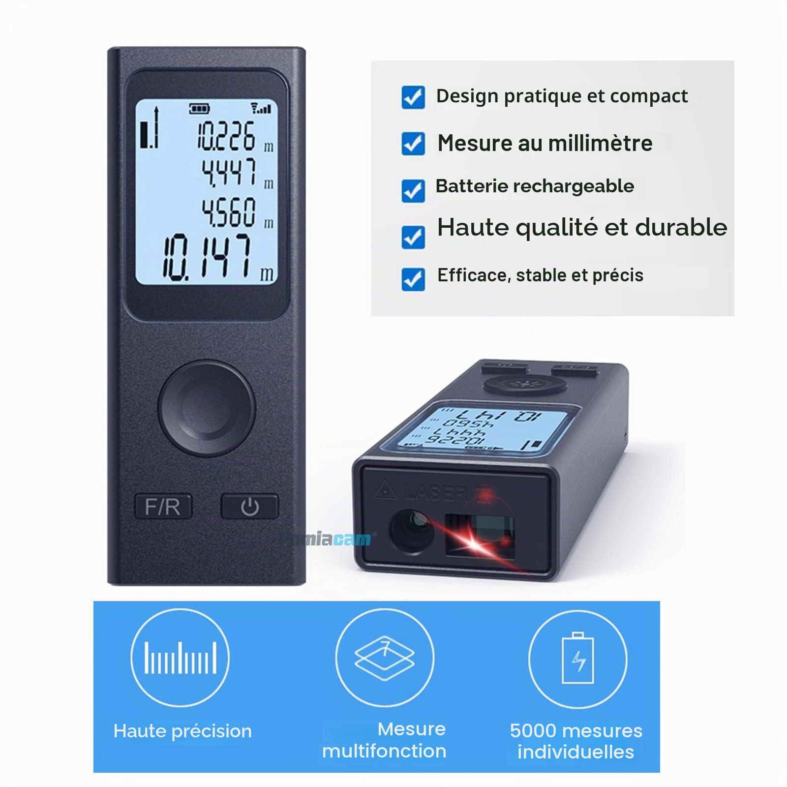 Télémètre Laser Intelligent Outil de Mesure Laser Portable Distance Laser Portable Rechargeable par USB, Mode pythagore, Mesurer la Distance, la Surface et Le Volume, avec Fonction Horizontale