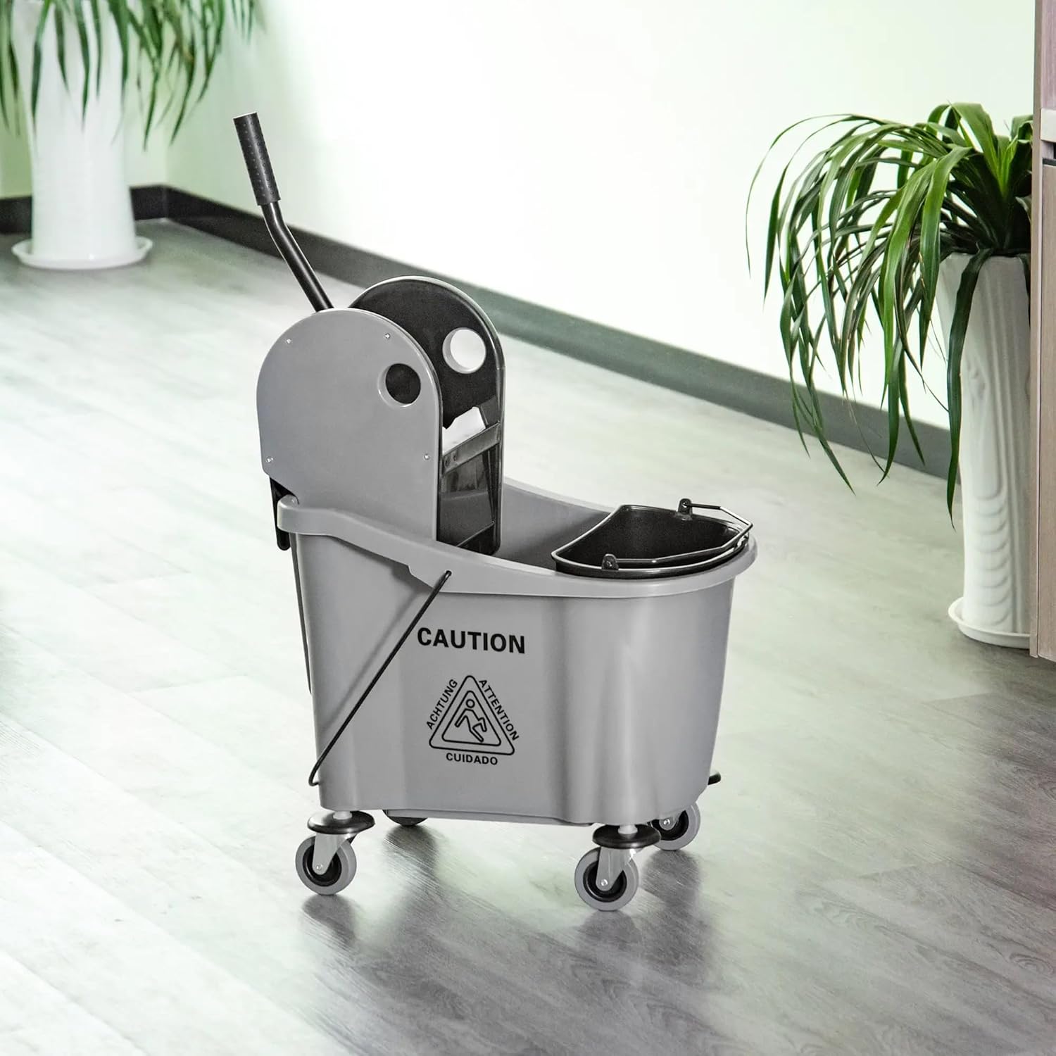 38 Quart Mop Bucket with Wringer, Dual Bucket Rolling Cleaning Cart with Wheels, Mop System with Handle Holder, Commercial Floor Cleaning (Gray)