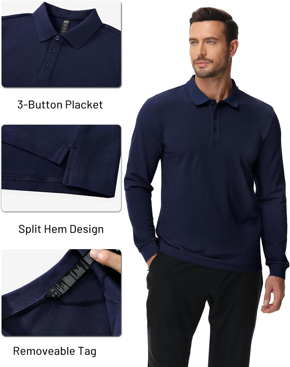 MIER Polo Shirts for Men Cotton Long Sleeve Golf Tennis Collared Shirt for Casual Work Travel, 3 Buttons, Ultra Soft - Image 3