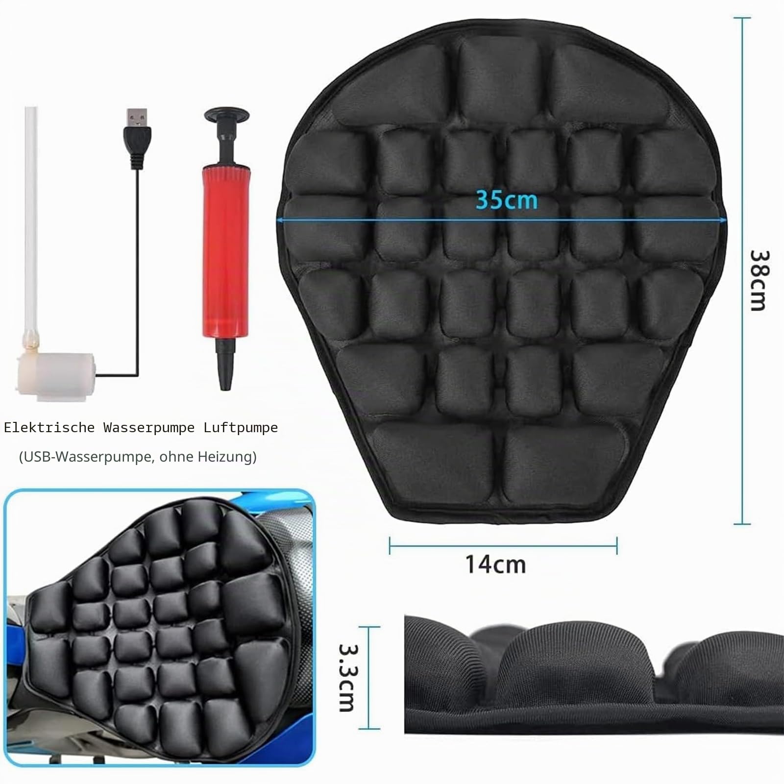 Druckentlastung aufblasbares Luftsitzkissen Motorrad Sitzkissen Luftkissen Motorrad USB Wasser Gefülltes Sitzkissen mit 5V Wasserpumpe (38 X 35 cm für Fahrer)