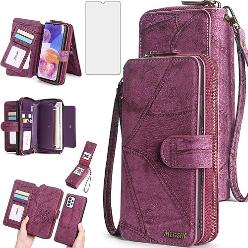 Asuwish Funda de teléfono para Samsung Galaxy A23 5G4G con cremallera, funda desmontable con protector de pantalla y tapa de cuero, soporte para