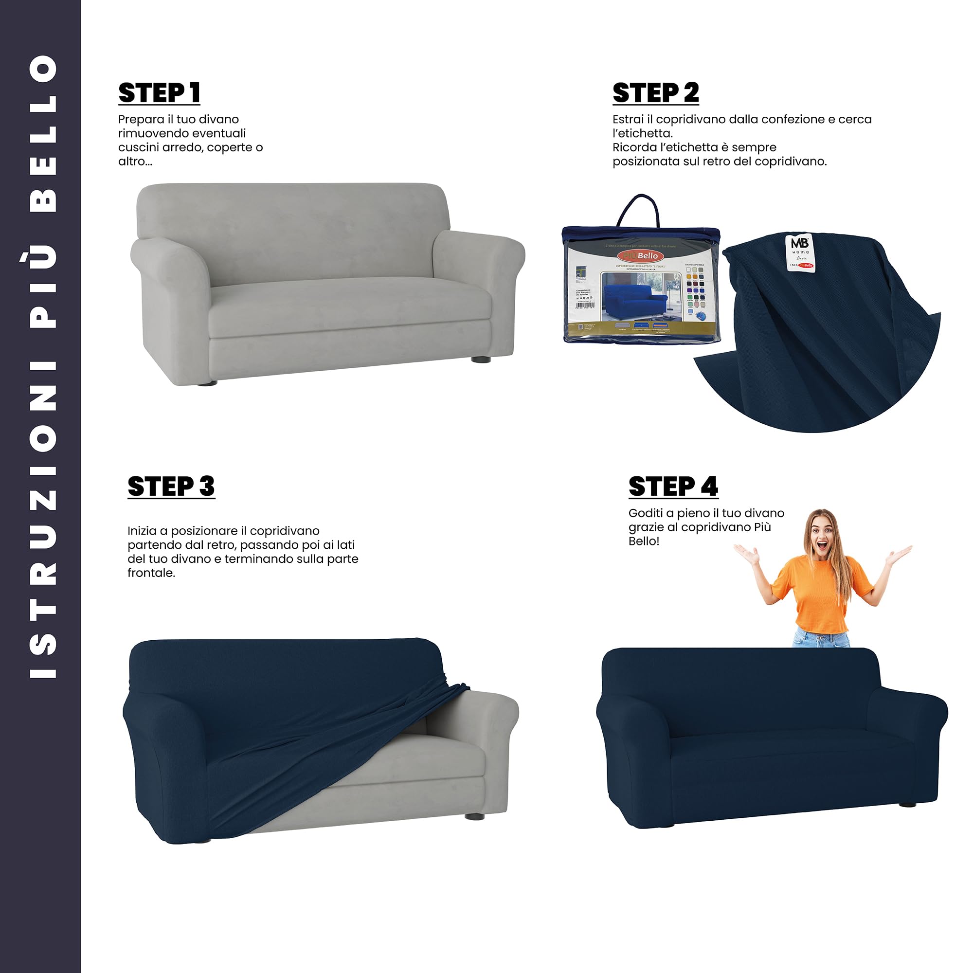 Italian Bed Linen PIU Bello Funda de sofá bielástico Extensible, Azul Oscuro, 2 PLAZAS