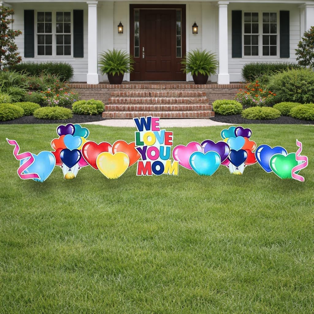 VictoryStore Yard Cards: We Love You Mom Mother's Day with Hearts Yard Decoration 14 Pc Set, Includes Stakes 19284