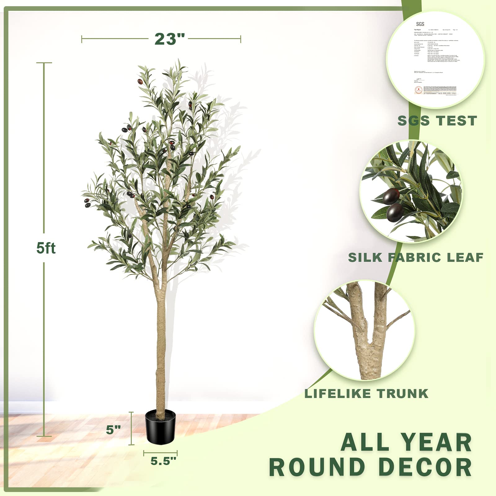 LYERSE 5ft(60") Olive Tree Artificial Indoor, Fake Potted Olive Tree with Planter Large Faux Olive Branches and Fruits Artificial Tree for Home Office Decor