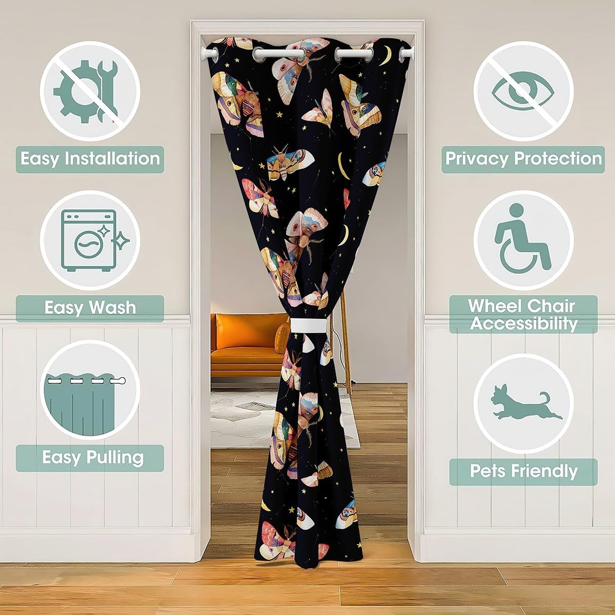 Boho Moth Door Curtain for Doorways Privacy Constellation Moon Star Doorway Curtain Colorful Bohemia Moth All Season Blackout Curtain Exotic Ethnic Style Door Drape, 60" W X 80" L