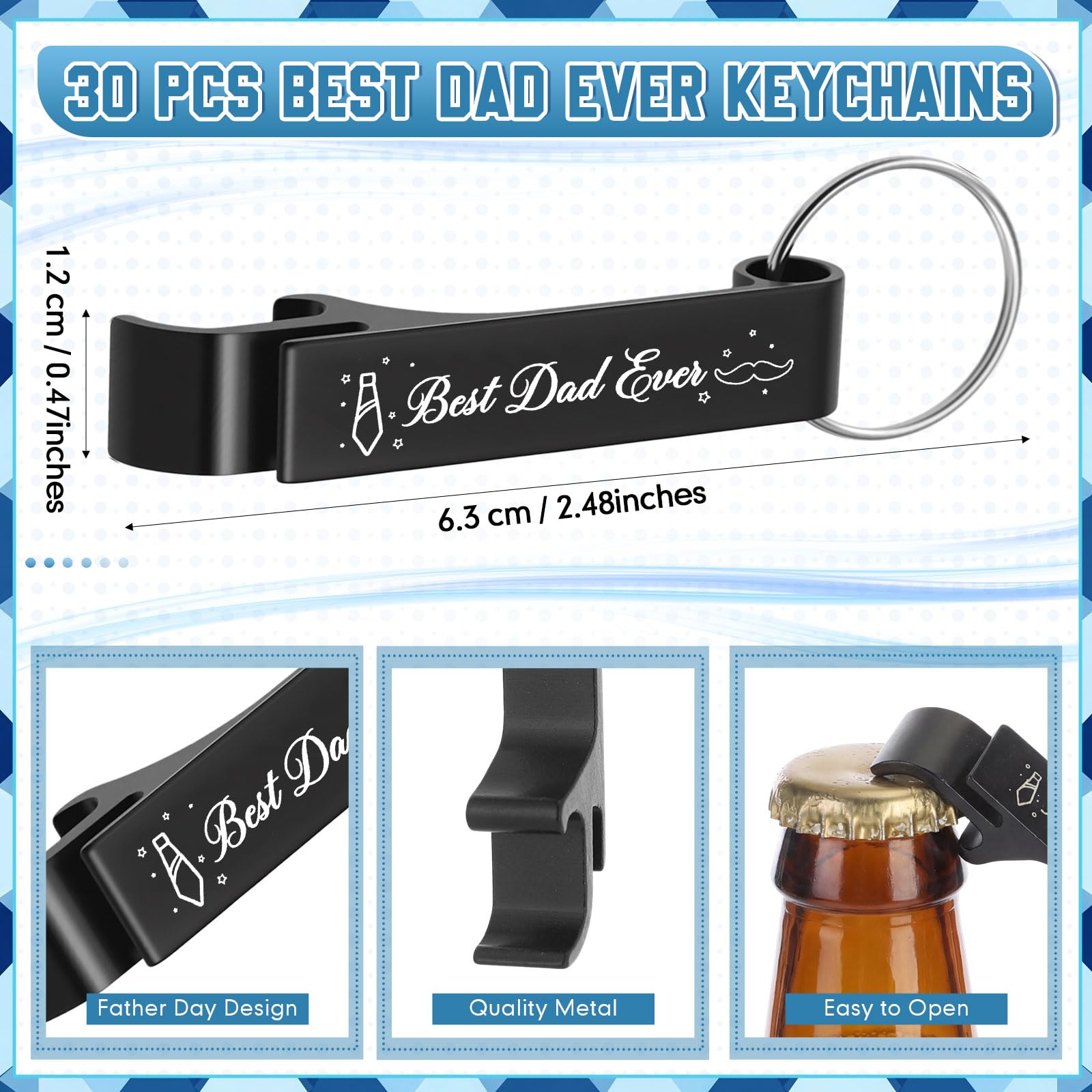 Funnymoom 30 Pcs Father's Day Party Favors Bulk Aluminum Bottle Opener with Keychains Best Dad Ever Wine Beer Opener Thank You Gifts for Happy Father's Day Dad Souvenirs Party Favors Supplies