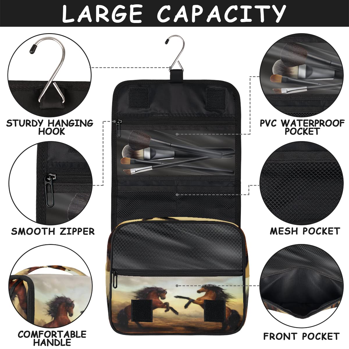 Koń Zwierzęta Podróżna Kosmetyczka Koń Mycie Torba Unisex Wiszące przybory toaletowe Kosmetyczka Organizer do makijażu, wielobarwny, Jeden rozmiar