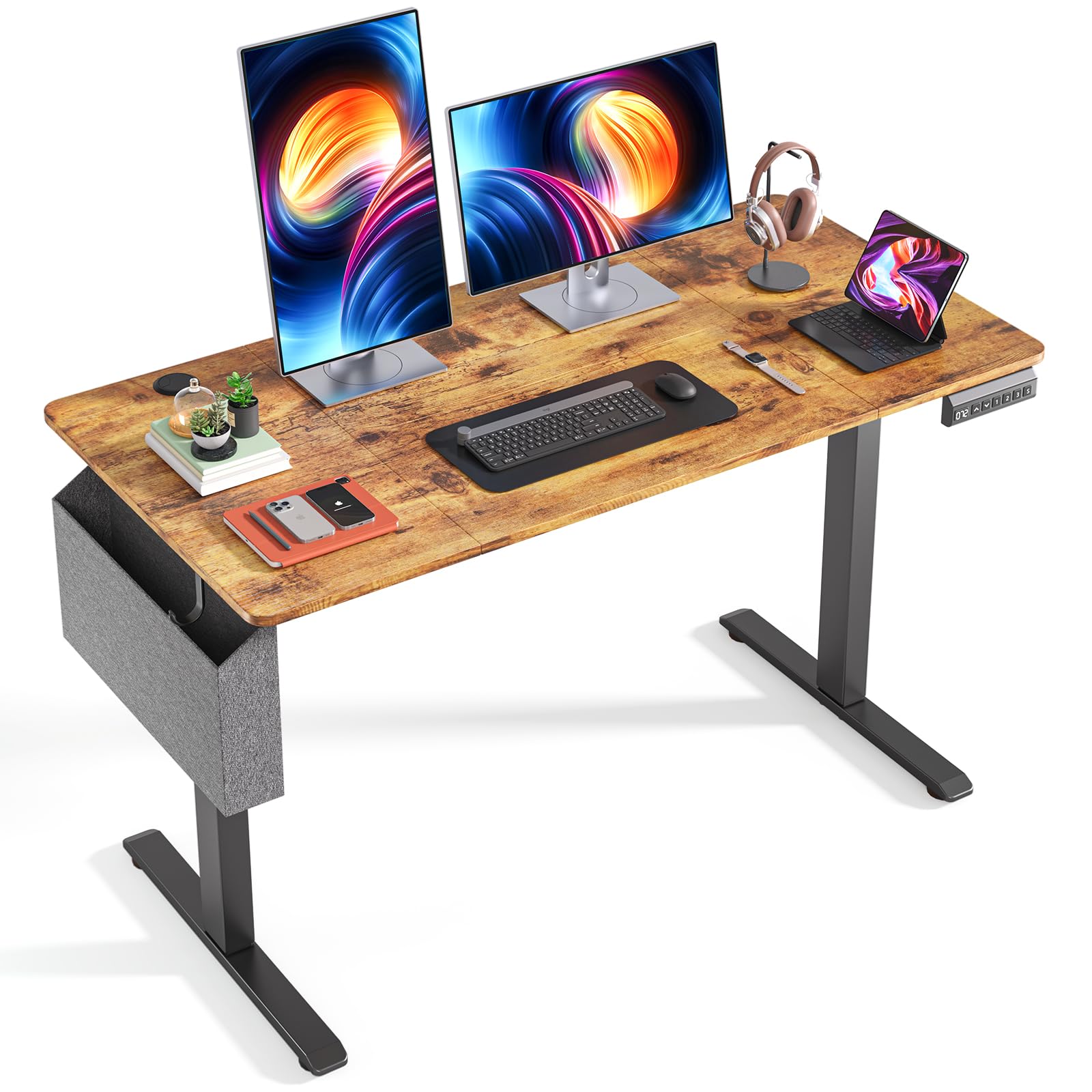 Escritorio Elevable Eléctrico 160 x 70 cm, Escritorio Ajustable en Altura con 3 Memorias, Mesa Elevable con Bandeja para Gestión de Cables, Bolsillo de Almacenamiento y Ganchos Laterales