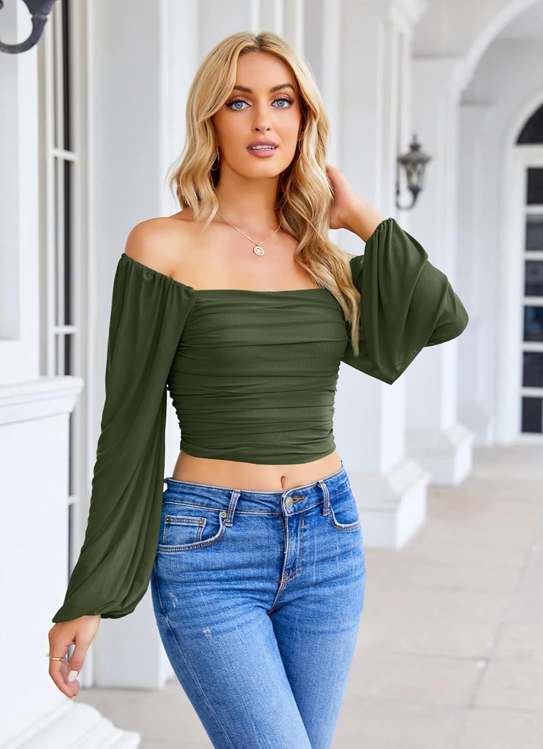 Wenrine Womens Mesh Long Sleeve Crop Tops Night Going Out Square Neck Off The Shoulder Ruched Shirt Blouses Dressy Casual - Image 4