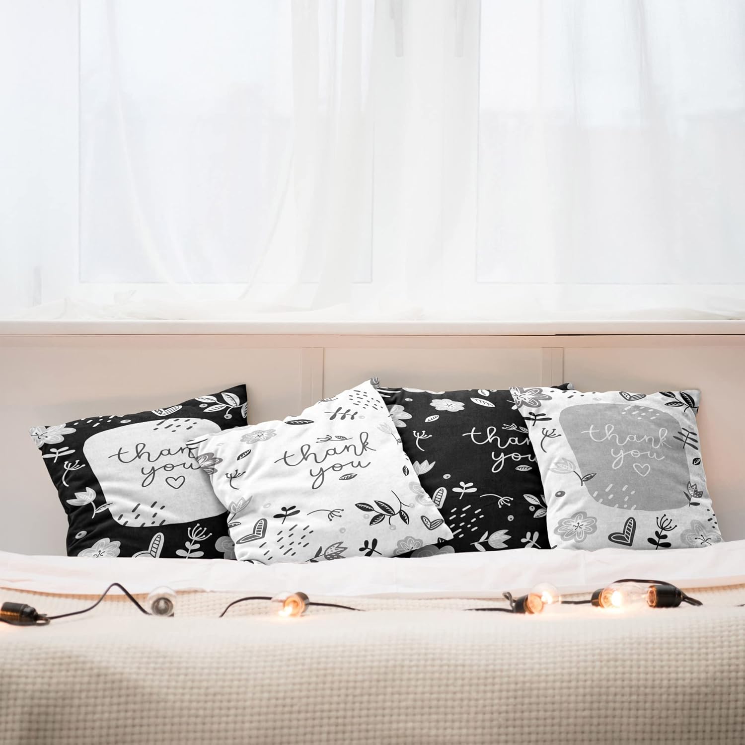 Ambesonne Thank You Throw Pillow Cushion Case Pack of 4, Modern Hand Written Curlicue Lettering Sketchy Spring Floral Berries, Modern Accent Double-Sided Printing, 20" x 12", Charcoal Grey and White