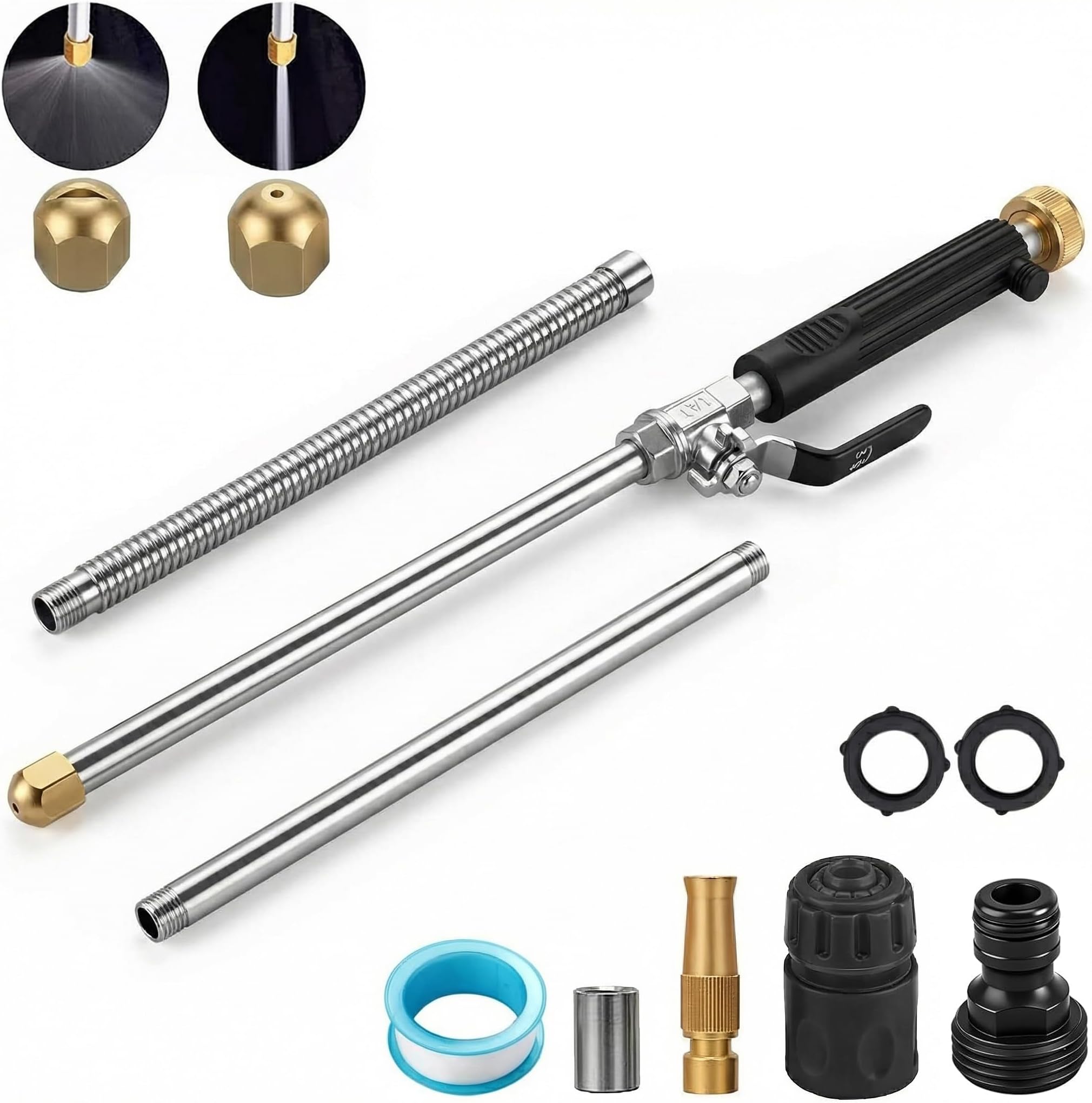 Hydro Jet High Pressure Power Washer-high pressure cleaning tool Extra Long Extendable Wand,Flexible Water Hose Universal Nozzle,Gutter Patio Car Pet Window Cleaning tool black