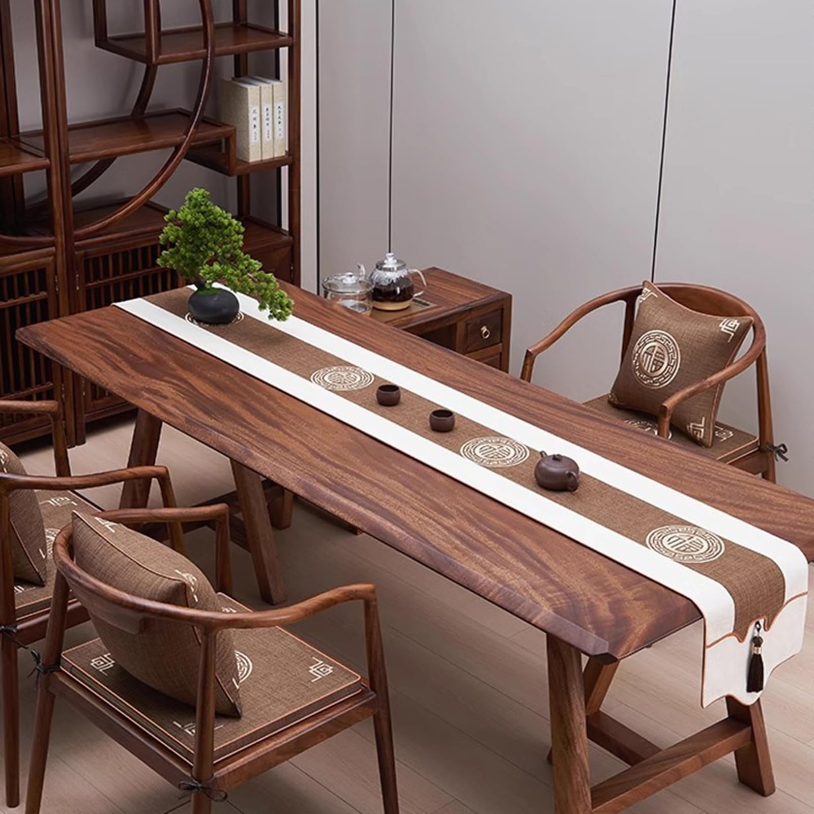 Tischläufer Baumwollleinen Wohnzimmer, Tischläufer Hochzeit Deko 35x240 cm, Zweifarbigs Zen-Motivmuster mit Quasten