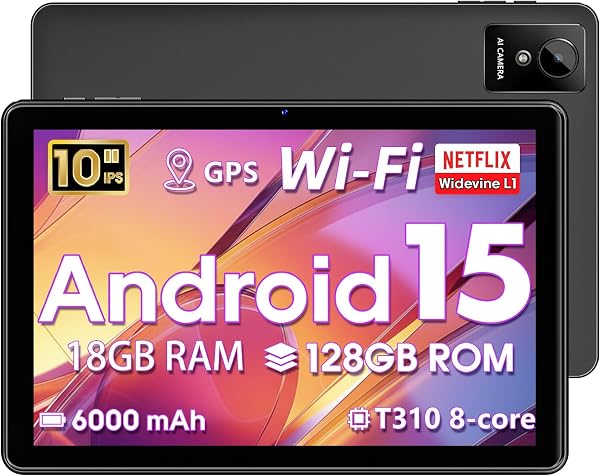 Tablet 10 inch Android 15, 2025 New Touchscreen Tablets, 18GB RAM 128 ROM, 1TB Expandable, Widevine L1 Compatible Octa-Core Tablet with WiFi 5, 6000mAh, T30 CPU, Dual Camera (5MP+8MP) - 1