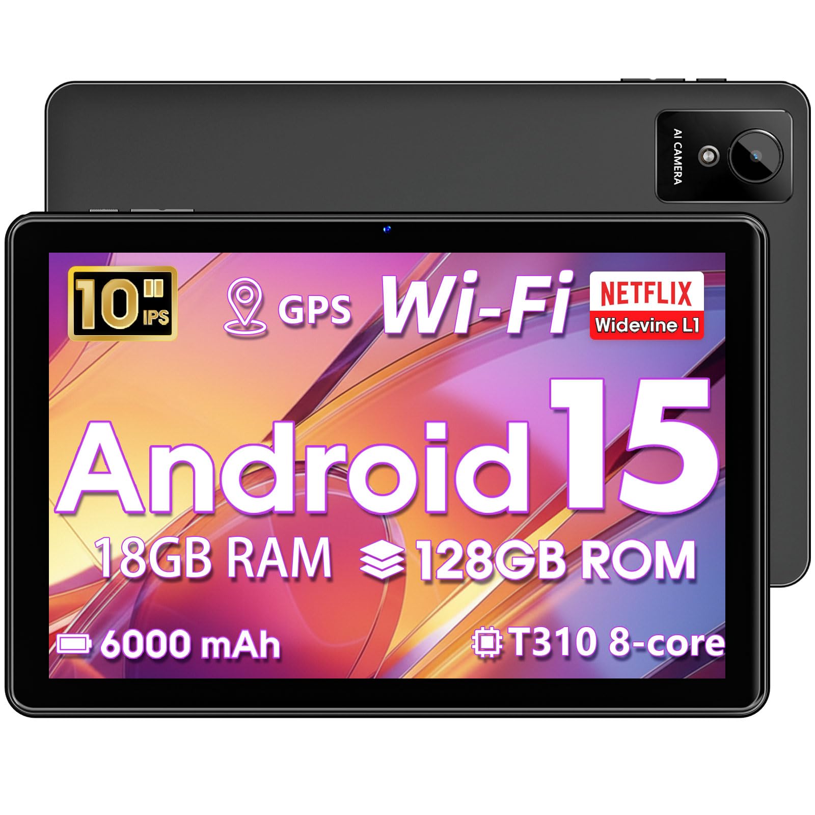 Hasskya Tablet 10 Zoll, Android 15 Tablets PC mit 18GB RAM + 128G ROM (1TB TF),Widevine L1 Kompatibles Octa-Core-Tablet mit WiFi 5G,5+8MP Doppelkamera,6000 mAh,T310 CPU,Face ID,Google Zertifiziert