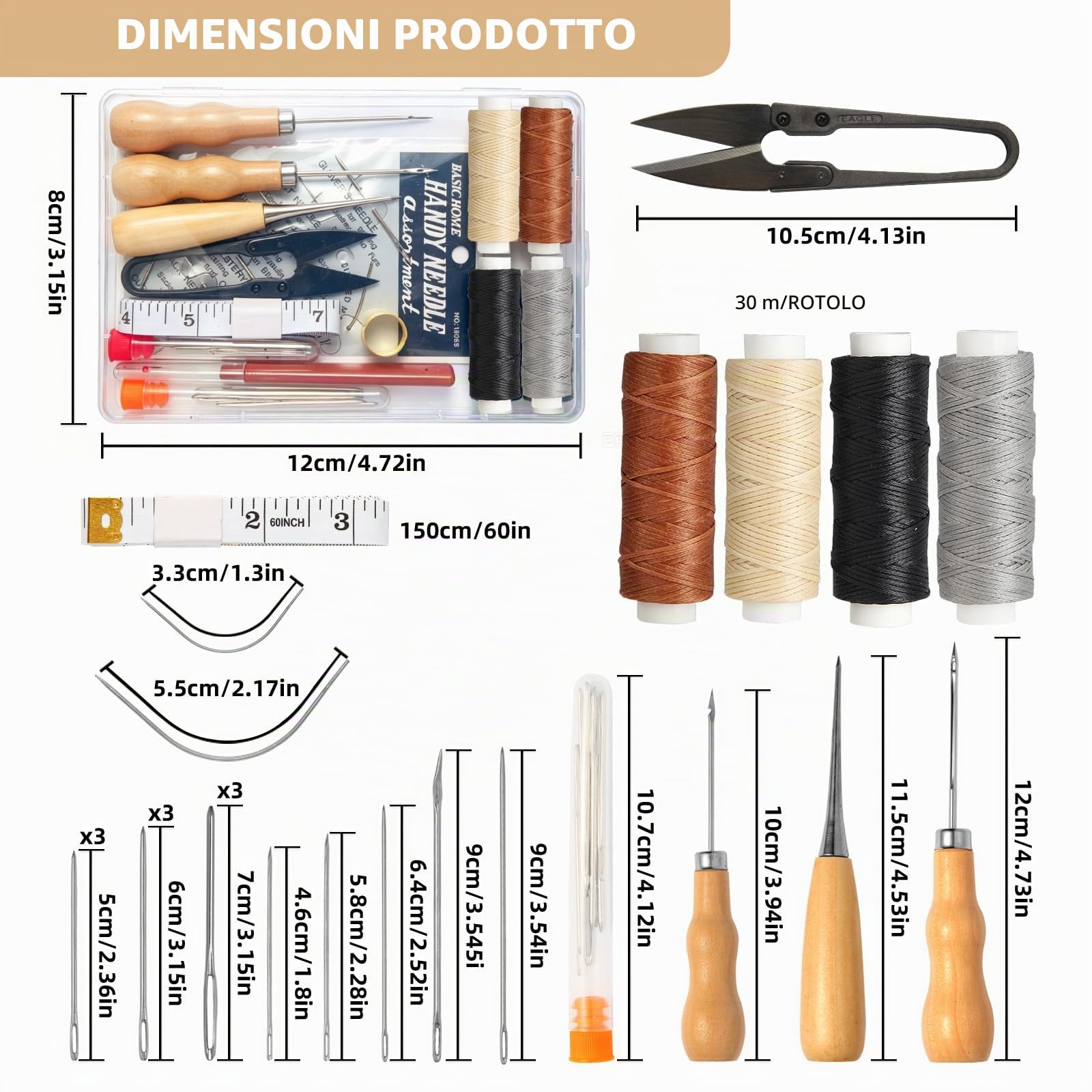 Kit Riparazione Pelle con Filo Cerato, Aghi Curvi & Punteruoli - 4 Rulli, 34 Aghi, per Sedili Auto, Divani e Vele (4 filo cerato)