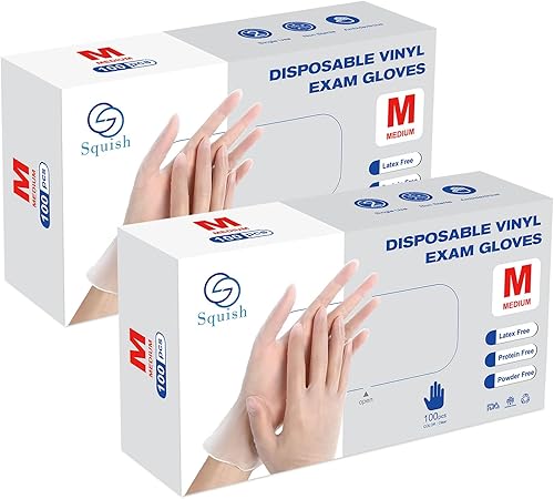squish Guantes desechables, guantes de vinilo transparente, sin látex, sin polvo, guantes de limpieza, guantes de salud para cocina, manipulación de