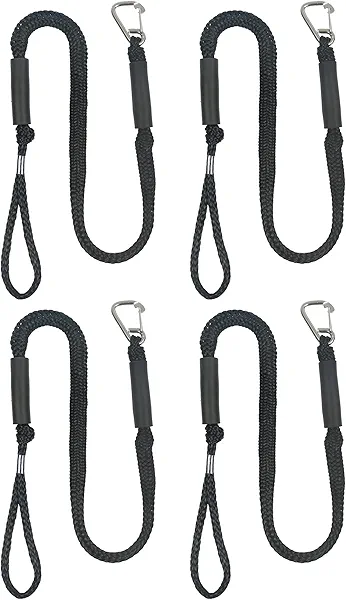 Boat Bungee Dock Lines with Clip 4 Pack Marine Rope Pontoon Boating Kayak Accessories, Black